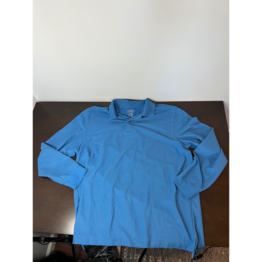 LL Bean Mens XL Blue Long Sleeve Polo Shirt Pique Cotton Traditional Fit